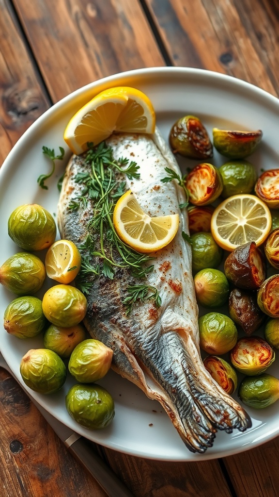 Herb-crusted branzino on a plate next to roasted Brussels sprouts, garnished with herbs and lemon.